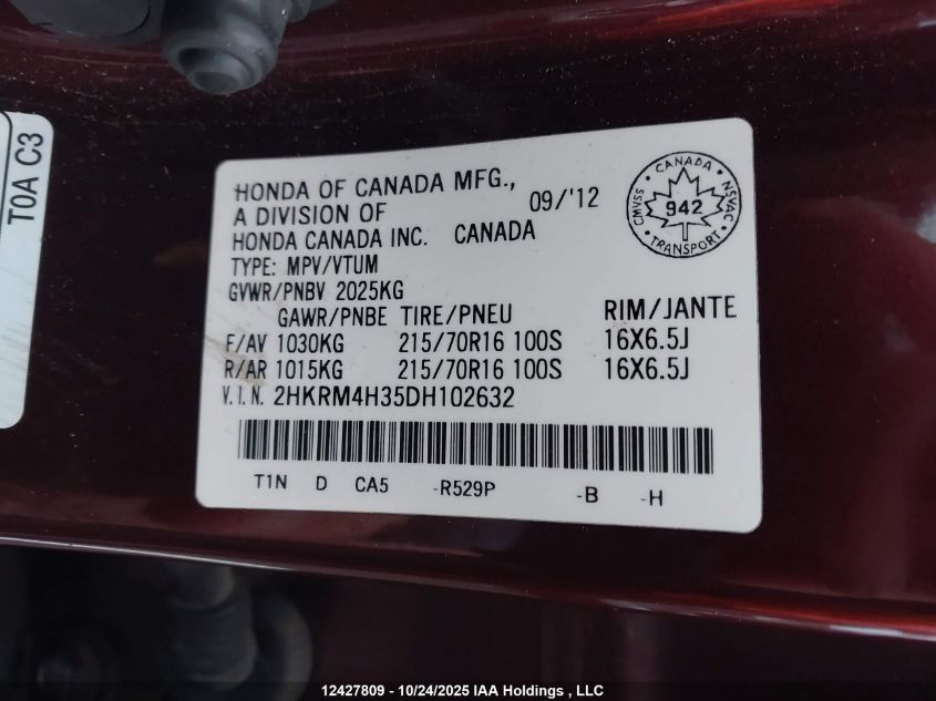 2013 Honda Cr-V Lx VIN: 2HKRM4H35DH102632 Lot: 12427809