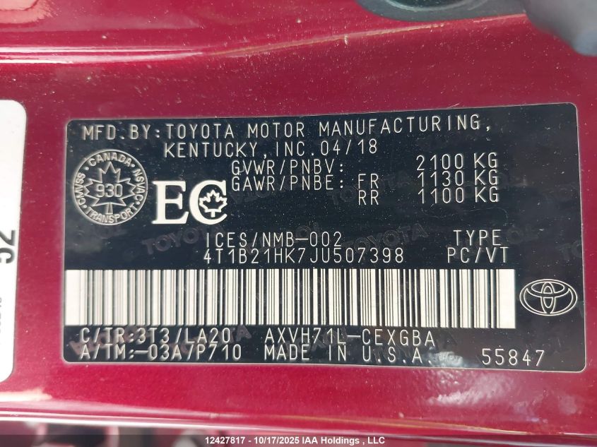 2018 Toyota Camry VIN: 4T1B21HK7JU507398 Lot: 12427817