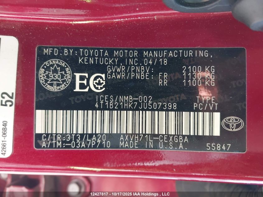 2018 Toyota Camry VIN: 4T1B21HK7JU507398 Lot: 12427817