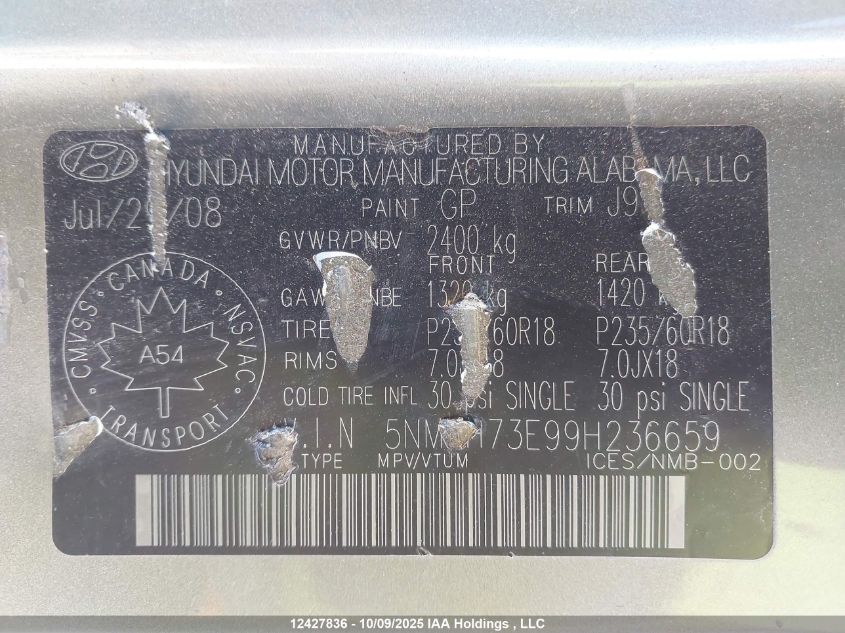 2009 Hyundai Santa Fe Se/Limited VIN: 5NMSH73E99H236659 Lot: 12427836