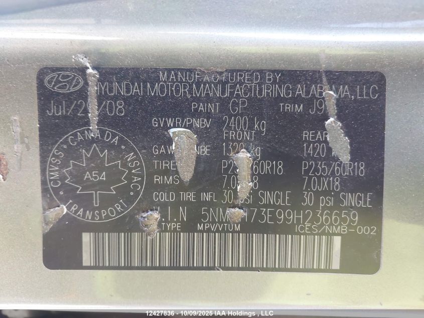 2009 Hyundai Santa Fe Se/Limited VIN: 5NMSH73E99H236659 Lot: 12427836