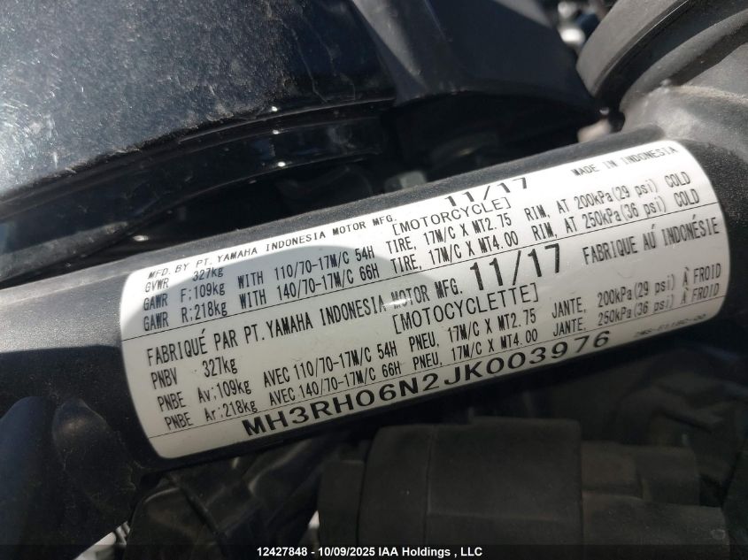 2018 Yamaha Yzfr3 VIN: MH3RH06N2JK003976 Lot: 12427848