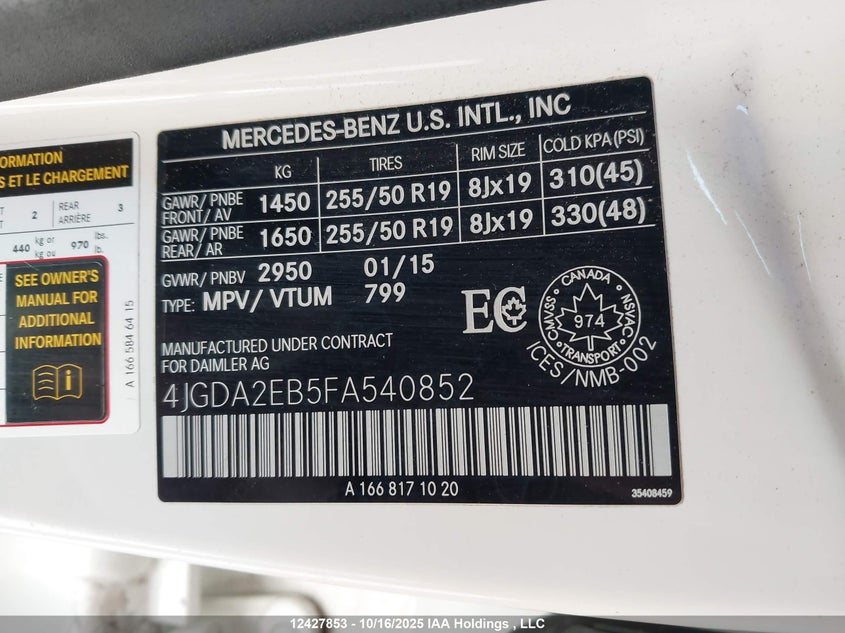 4JGDA2EB5FA540852 2015 MERCEDES-BENZ M-KLASSE photo no. 17