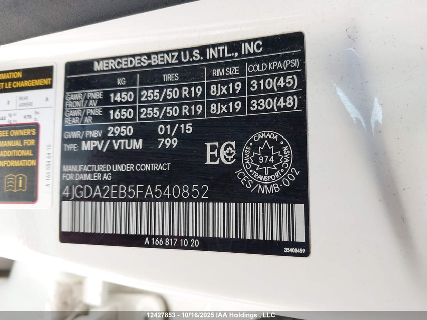 4JGDA2EB5FA540852 2015 MERCEDES-BENZ M-KLASSE photo no. 9