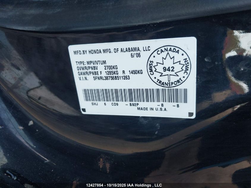 2006 Honda Odyssey Exl VIN: 5FNRL38756B511263 Lot: 12427854