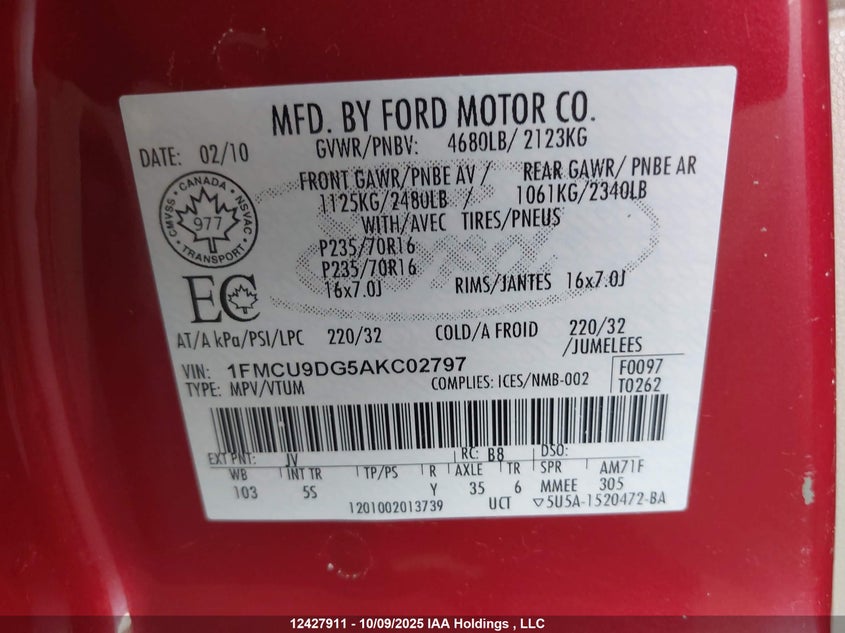 1FMCU9DG5AKC02797 2010 FORD ESCAPE photo no. 19