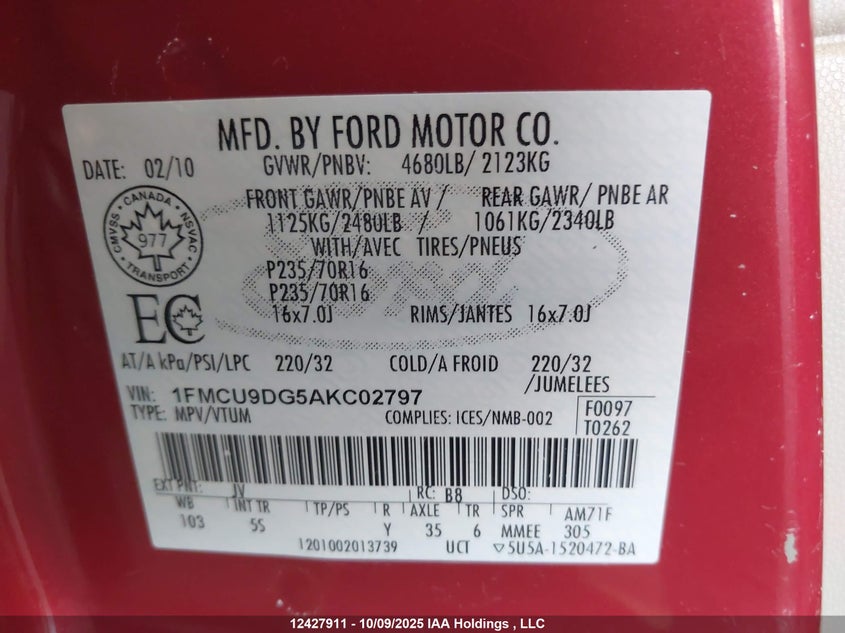 1FMCU9DG5AKC02797 2010 FORD ESCAPE photo no. 9