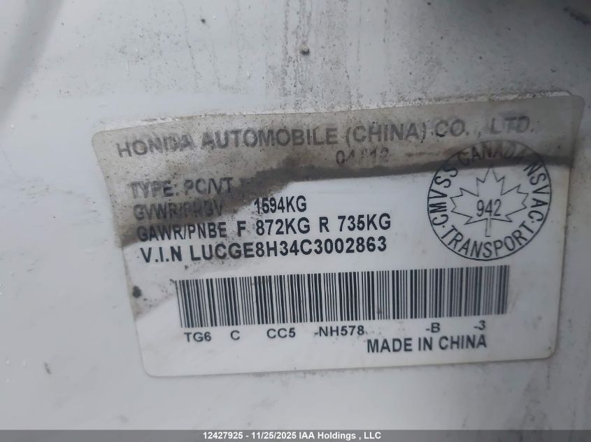 2012 Honda Fit Dx-A VIN: LUCGE8H34C3002863 Lot: 12427925