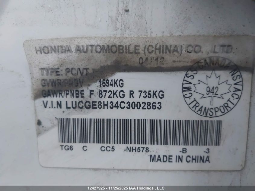 2012 Honda Fit Dx-A VIN: LUCGE8H34C3002863 Lot: 12427925