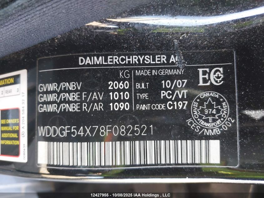 2008 Mercedes-Benz C 300 300 VIN: WDDGF54X78F082521 Lot: 12427955