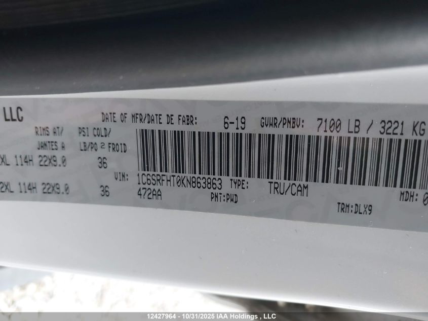 2019 Ram 1500 Limited VIN: 1C6SRFHT0KN863863 Lot: 12427964