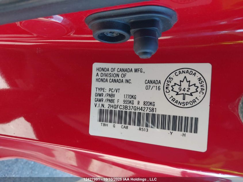 2016 Honda Civic Ex VIN: 2HGFC3B37GH427581 Lot: 12427991