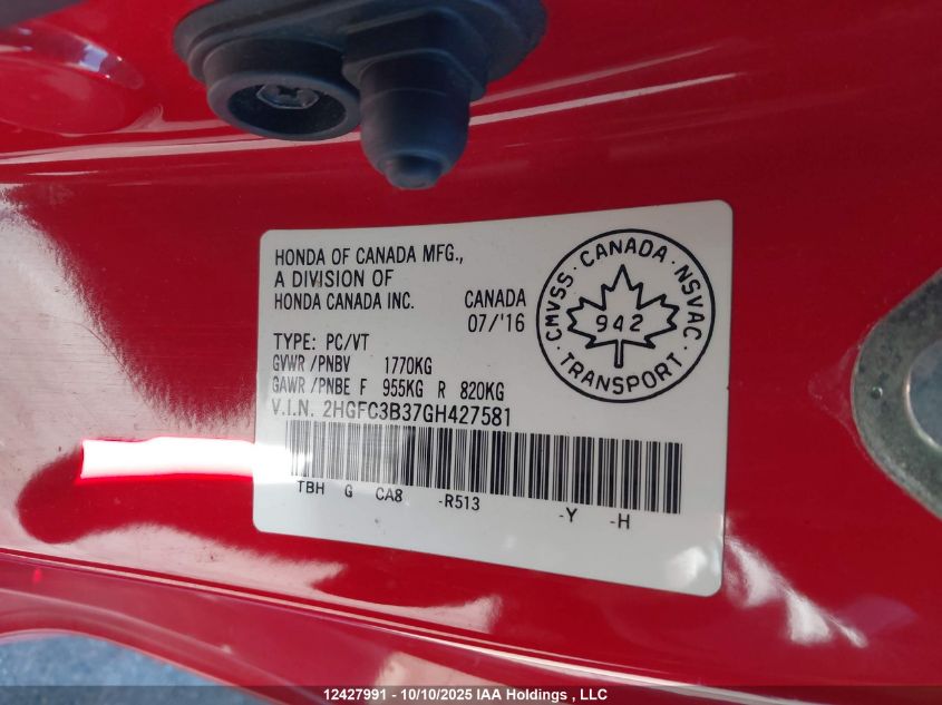 2016 Honda Civic Ex VIN: 2HGFC3B37GH427581 Lot: 12427991