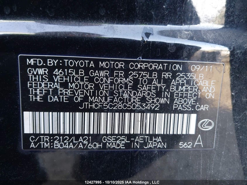 JTHCF5C28C5053492 2012 LEXUS IS photo no. 9