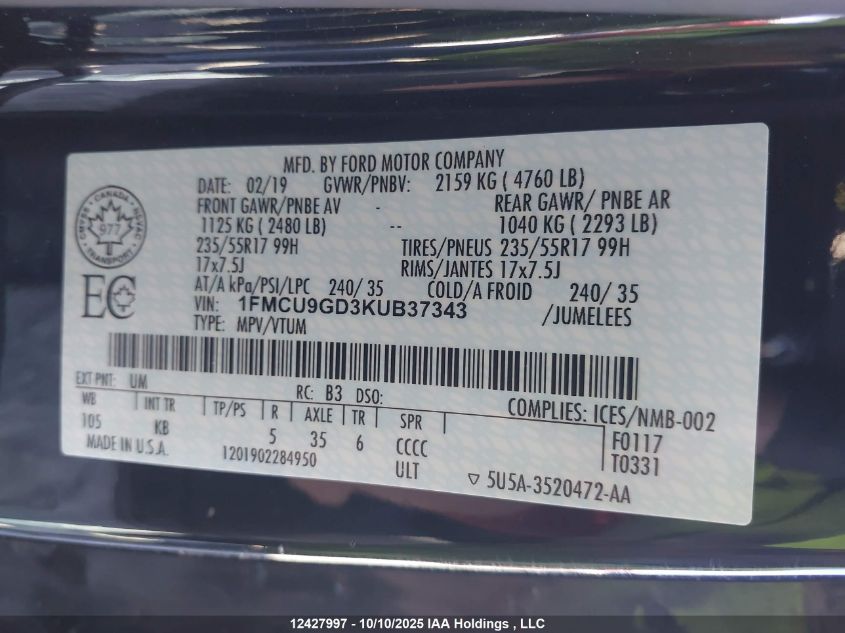 2019 Ford Escape Se VIN: 1FMCU9GD3KUB37343 Lot: 12427997