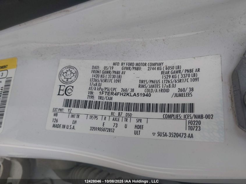 2019 Ford Ranger Xlt VIN: 1FTER4FH2KLA51940 Lot: 12428046