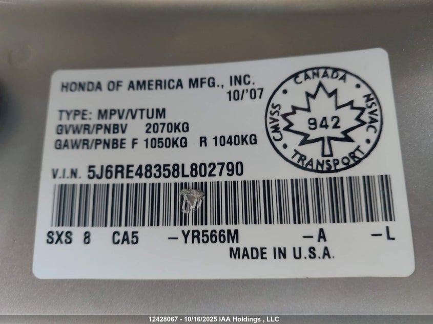 5J6RE48358L802790 2008 HONDA CR-V photo no. 9