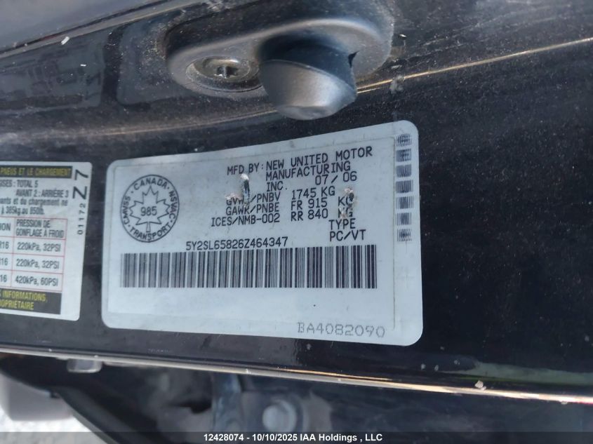 2006 Pontiac Vibe VIN: 5Y2SL65826Z464347 Lot: 12428074