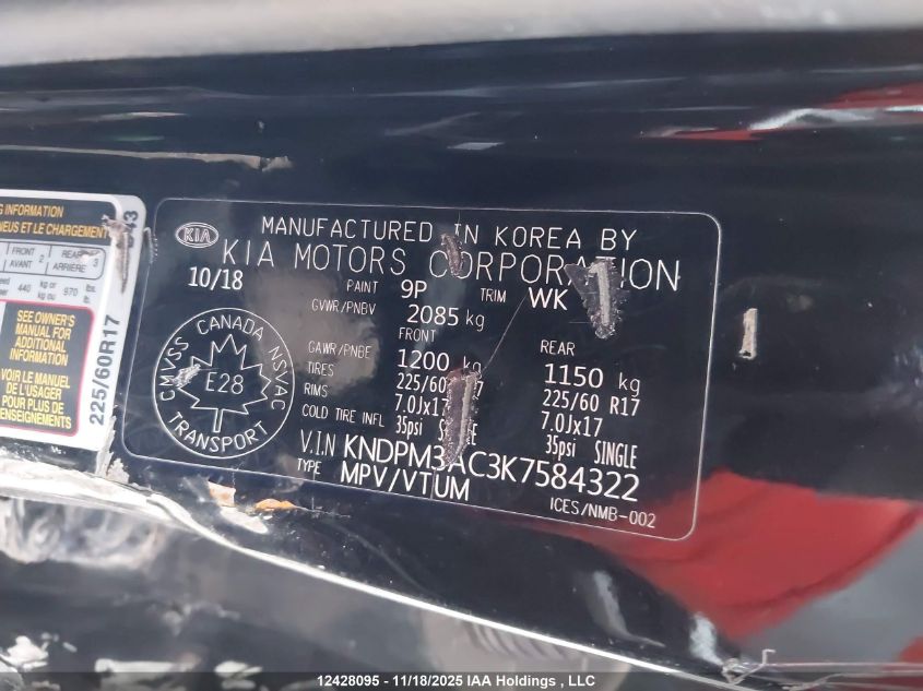 2019 Kia Sportage Lx VIN: KNDPM3AC3K7584322 Lot: 12428095