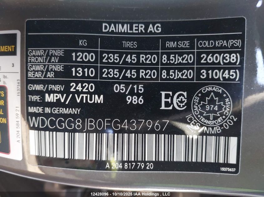 2015 Mercedes-Benz Glk 350 4Matic VIN: WDCGG8JB0FG437967 Lot: 12428096