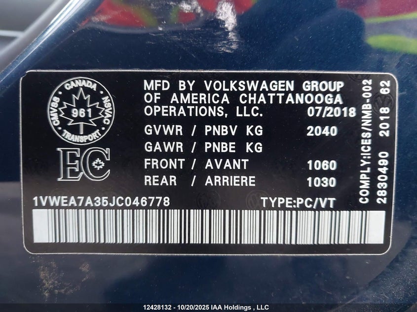 2018 Volkswagen Passat VIN: 1VWEA7A35JC046778 Lot: 12428132