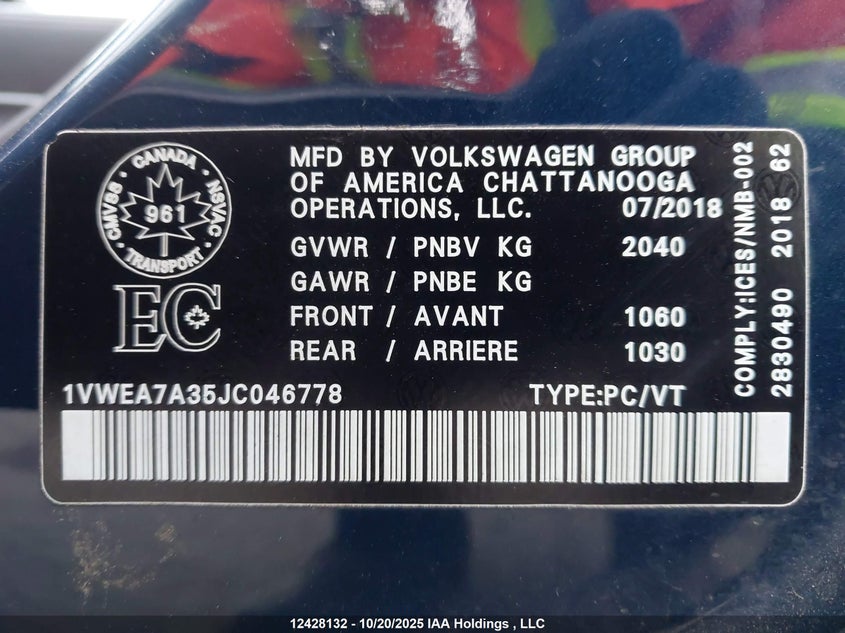 2018 Volkswagen Passat VIN: 1VWEA7A35JC046778 Lot: 12428132