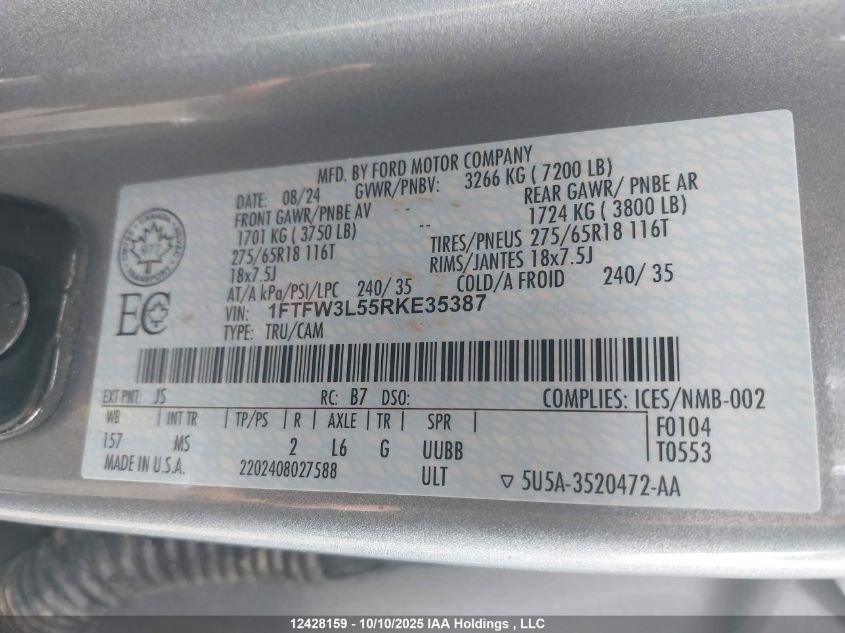 2024 Ford F150 Xlt VIN: 1FTFW3L55RKE35387 Lot: 12428159