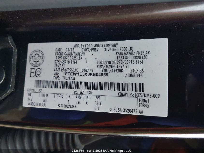 2018 Ford F-150 Xlt VIN: 1FTEW1E5XJKE04959 Lot: 12428164