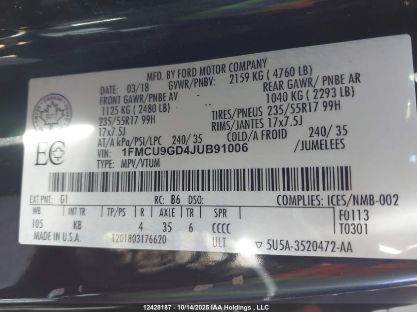 2018 Ford Escape Se VIN: 1FMCU9GD4JUB91006 Lot: 12428187