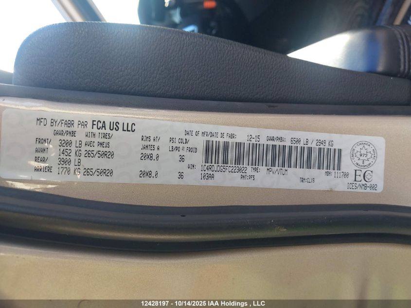 2015 Dodge Durango VIN: 1C4RDJDG5FC223022 Lot: 12428197