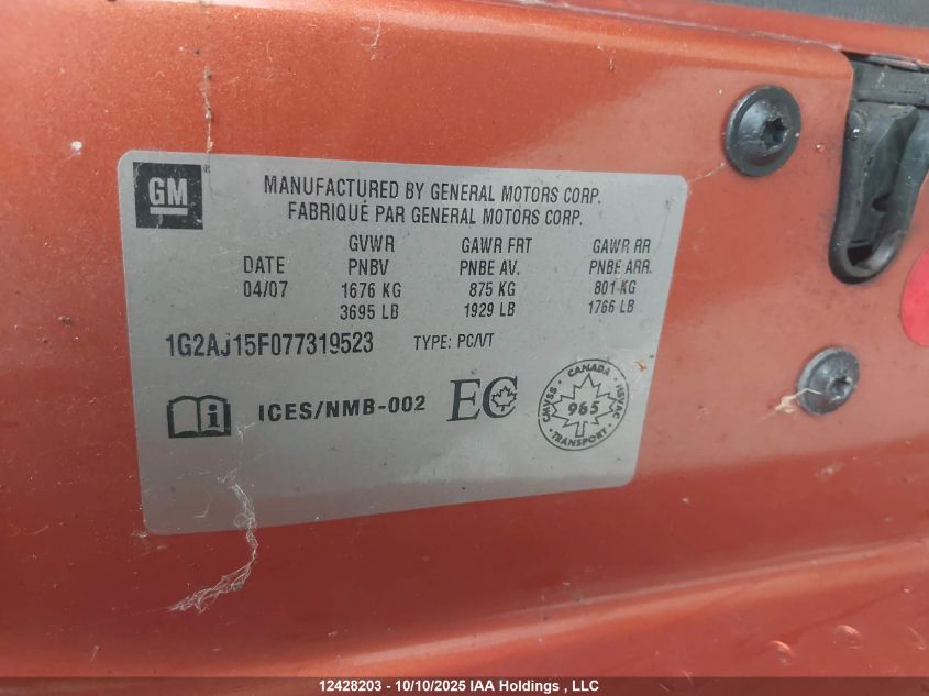 2007 Pontiac G5 VIN: 1G2AJ15F077319523 Lot: 12428203