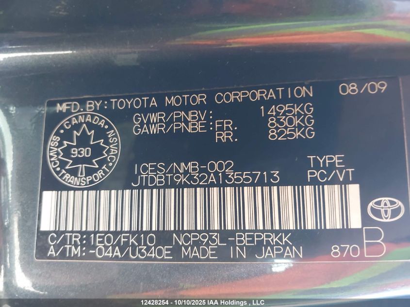 2010 Toyota Yaris VIN: JTDBT9K32A1355713 Lot: 12428254