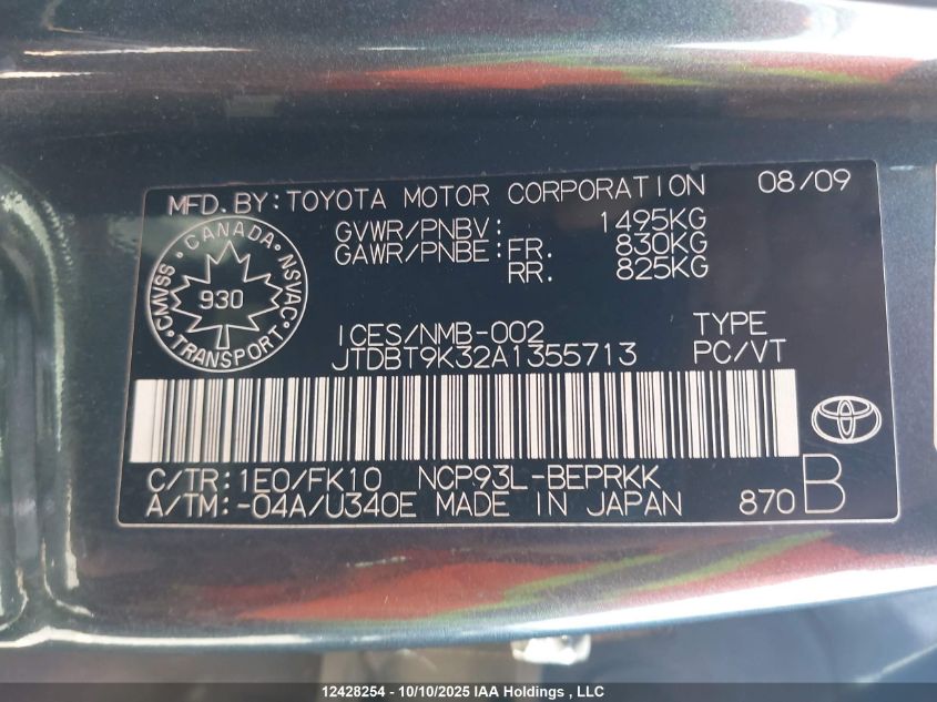 2010 Toyota Yaris VIN: JTDBT9K32A1355713 Lot: 12428254