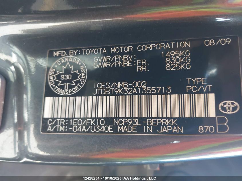 2010 Toyota Yaris VIN: JTDBT9K32A1355713 Lot: 12428254