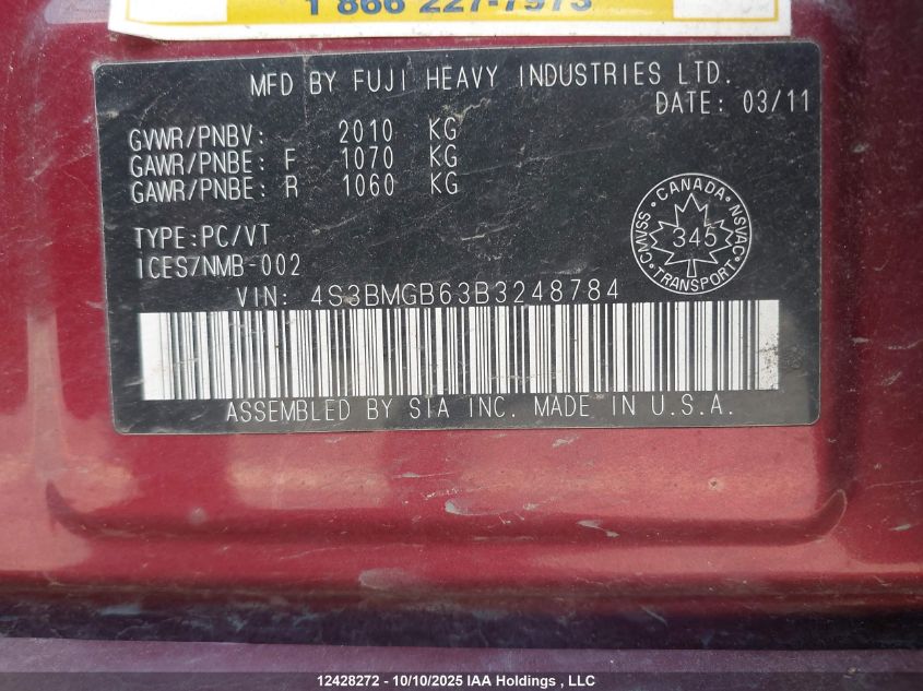 2011 Subaru Legacy 2.5I Premium VIN: 4S3BMGB63B3248784 Lot: 12428272