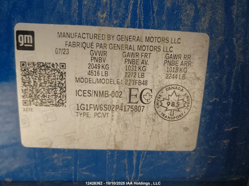 2023 Chevrolet Bolt Ev 1Lt VIN: 1G1FW6S02P4175807 Lot: 12428362