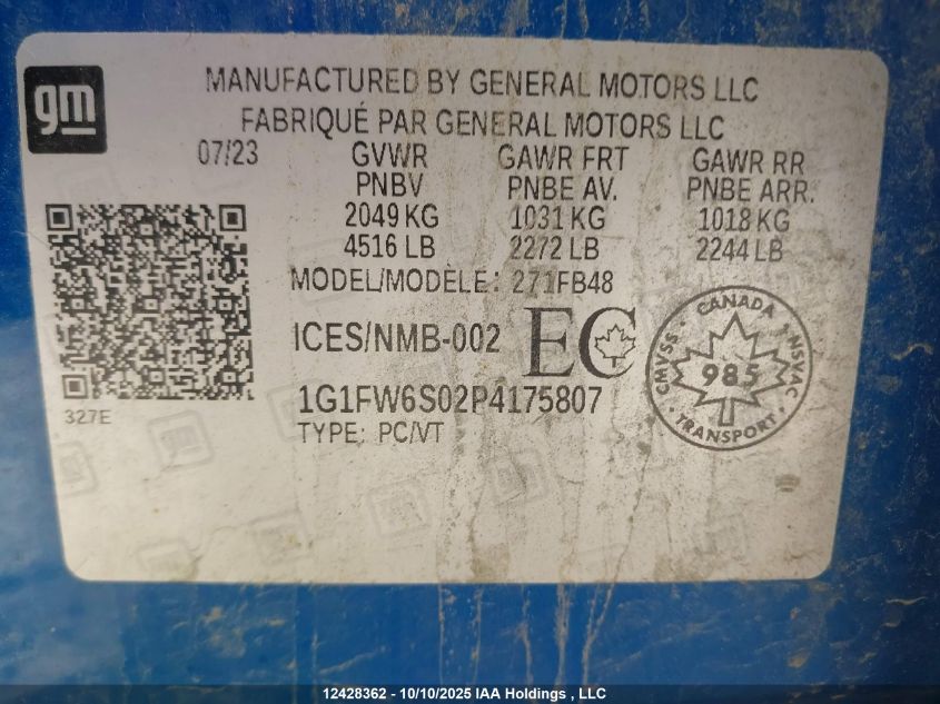 2023 Chevrolet Bolt Ev 1Lt VIN: 1G1FW6S02P4175807 Lot: 12428362