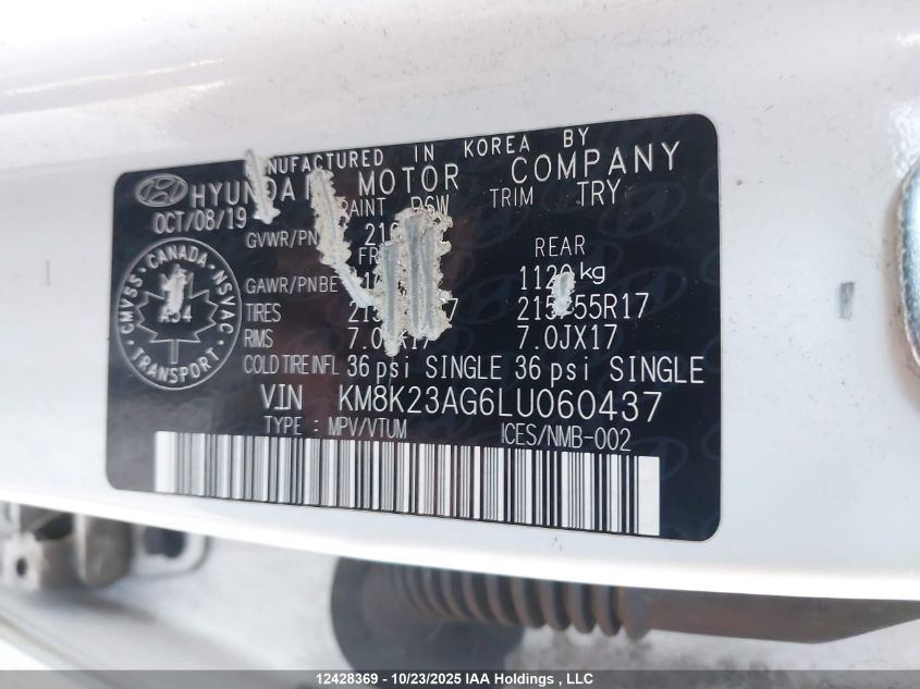 2020 Hyundai Kona Sel VIN: KM8K23AG6LU060437 Lot: 12428369