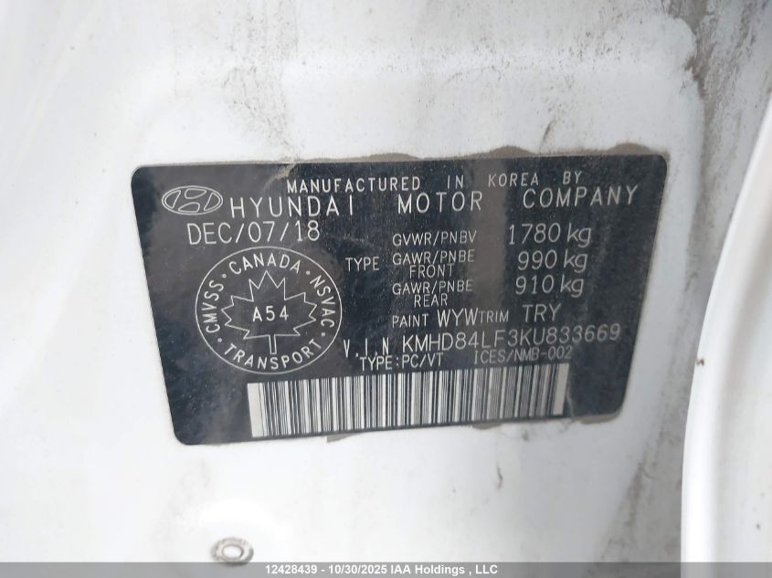 2019 Hyundai Elantra Preferred VIN: KMHD84LF3KU833669 Lot: 12428439