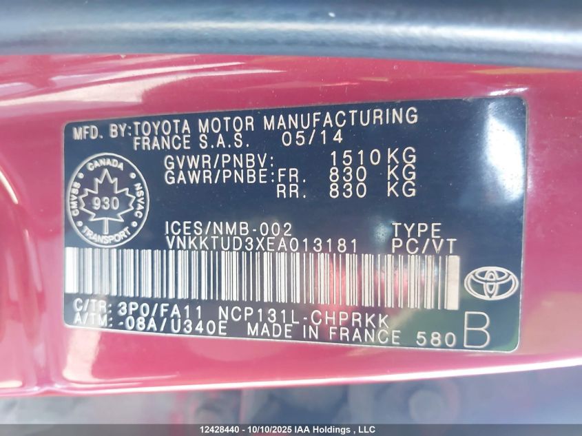 2014 Toyota Yaris Le VIN: VNKKTUD3XEA013181 Lot: 12428440