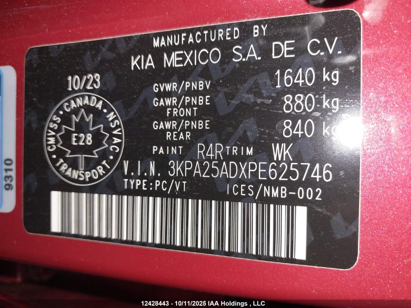 2023 Kia Rio S VIN: 3KPA25ADXPE625746 Lot: 12428443