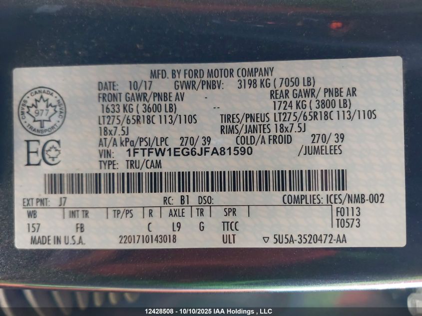2018 Ford F-150 Xlt VIN: 1FTFW1EG6JFA81590 Lot: 12428508