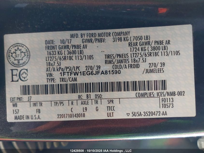 2018 Ford F-150 Xlt VIN: 1FTFW1EG6JFA81590 Lot: 12428508