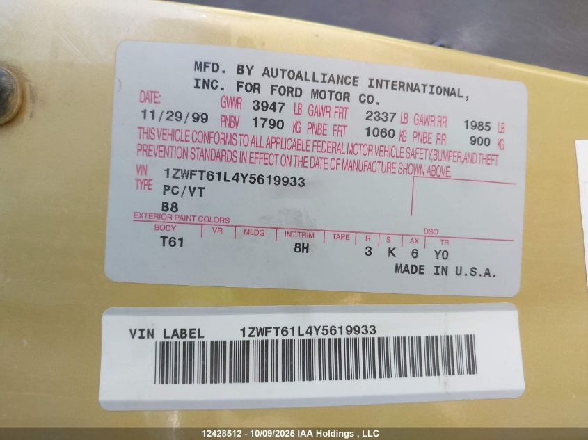 2000 Mercury Cougar V6 VIN: 1ZWFT61L4Y5619933 Lot: 12428512