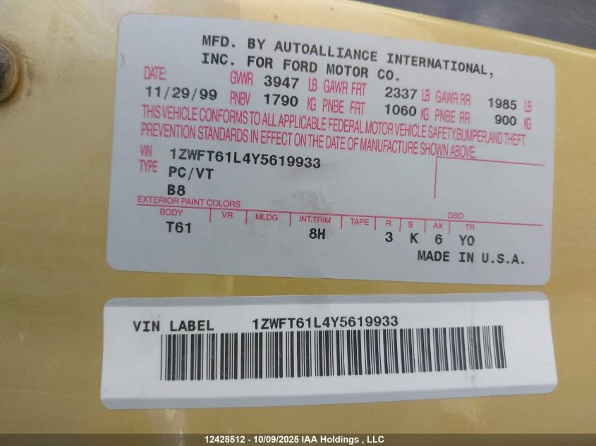 2000 Mercury Cougar V6 VIN: 1ZWFT61L4Y5619933 Lot: 12428512
