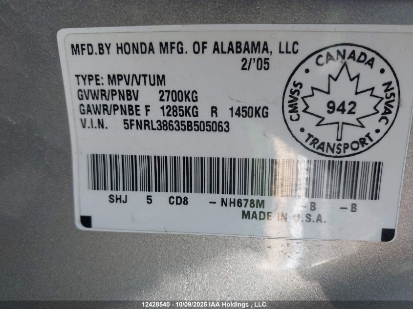 2005 Honda Odyssey Ex-L VIN: 5FNRL38635B505063 Lot: 12428540