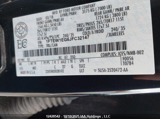 2018 Ford F150 Supercrew VIN: 1FTEW1EG6JFC32147 Lot: 12428542