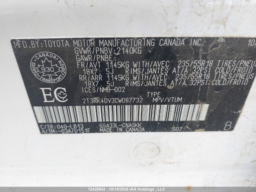 2012 Toyota Rav4 Sport VIN: 2T3RK4DV3CW087732 Lot: 12428543