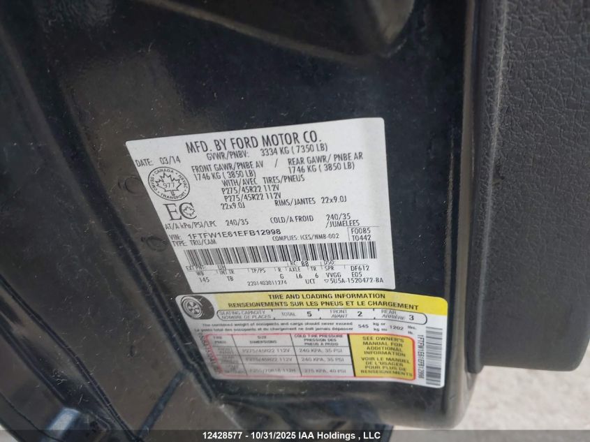 2014 Ford F-150 Limited VIN: 1FTFW1E61EFB12998 Lot: 12428577