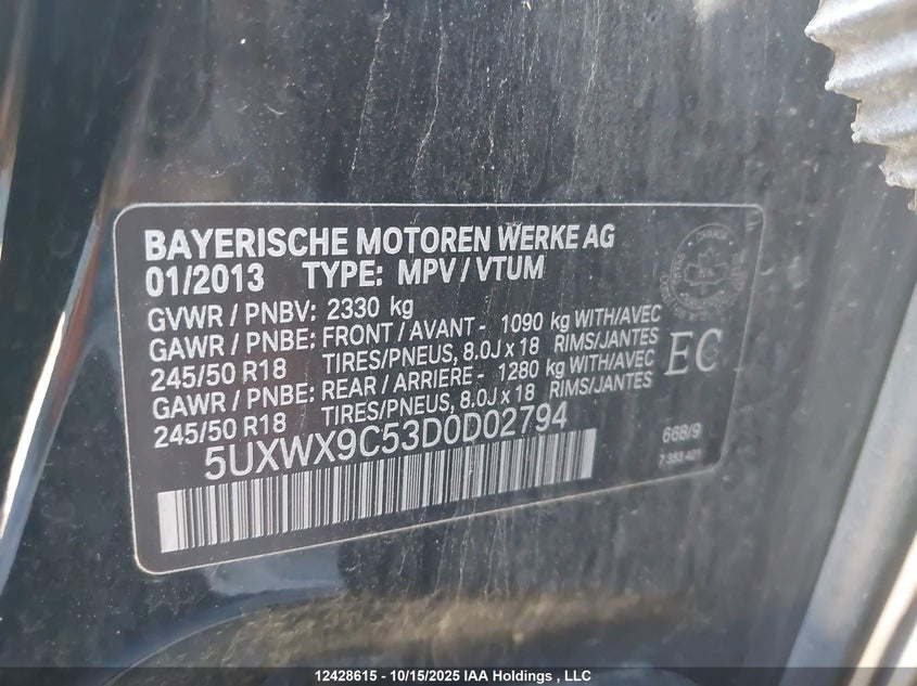 2013 BMW X3 xDrive28I VIN: 5UXWX9C53D0D02794 Lot: 12428615